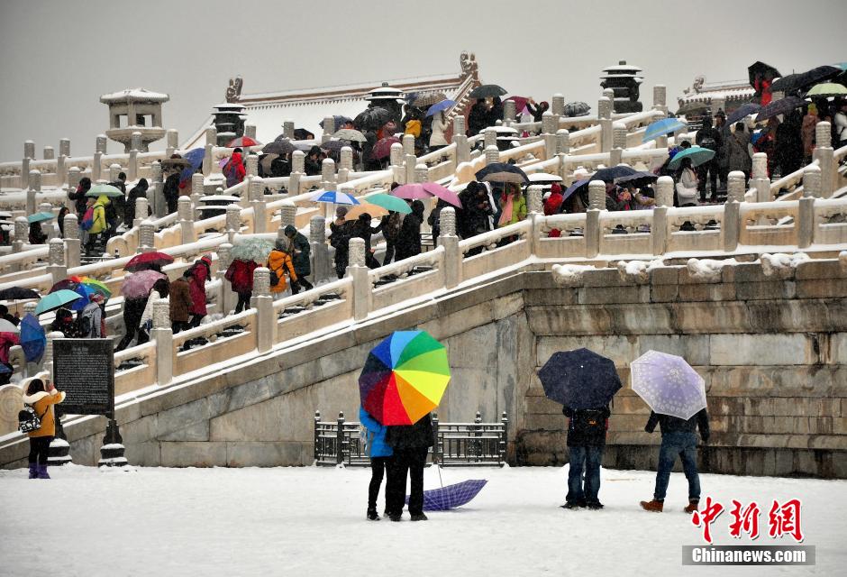北京迎来强降雪 游人故宫排队购票赏雪景(高清
